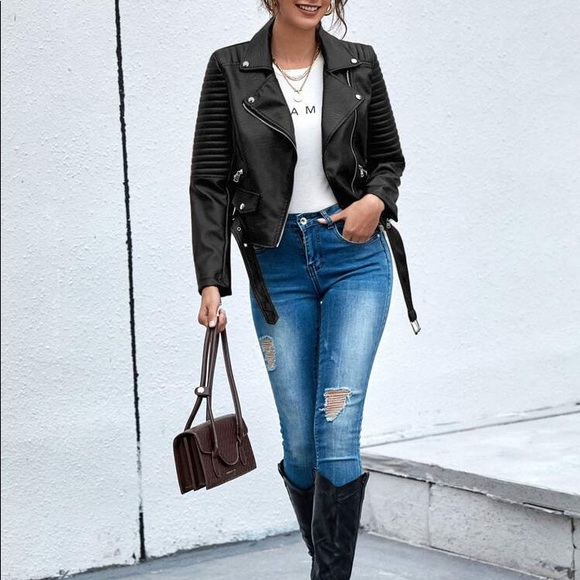 🖤 MOTO BLACK FAUX LEATHER BELTED BIKER JACKET! - Picture 5 of 6